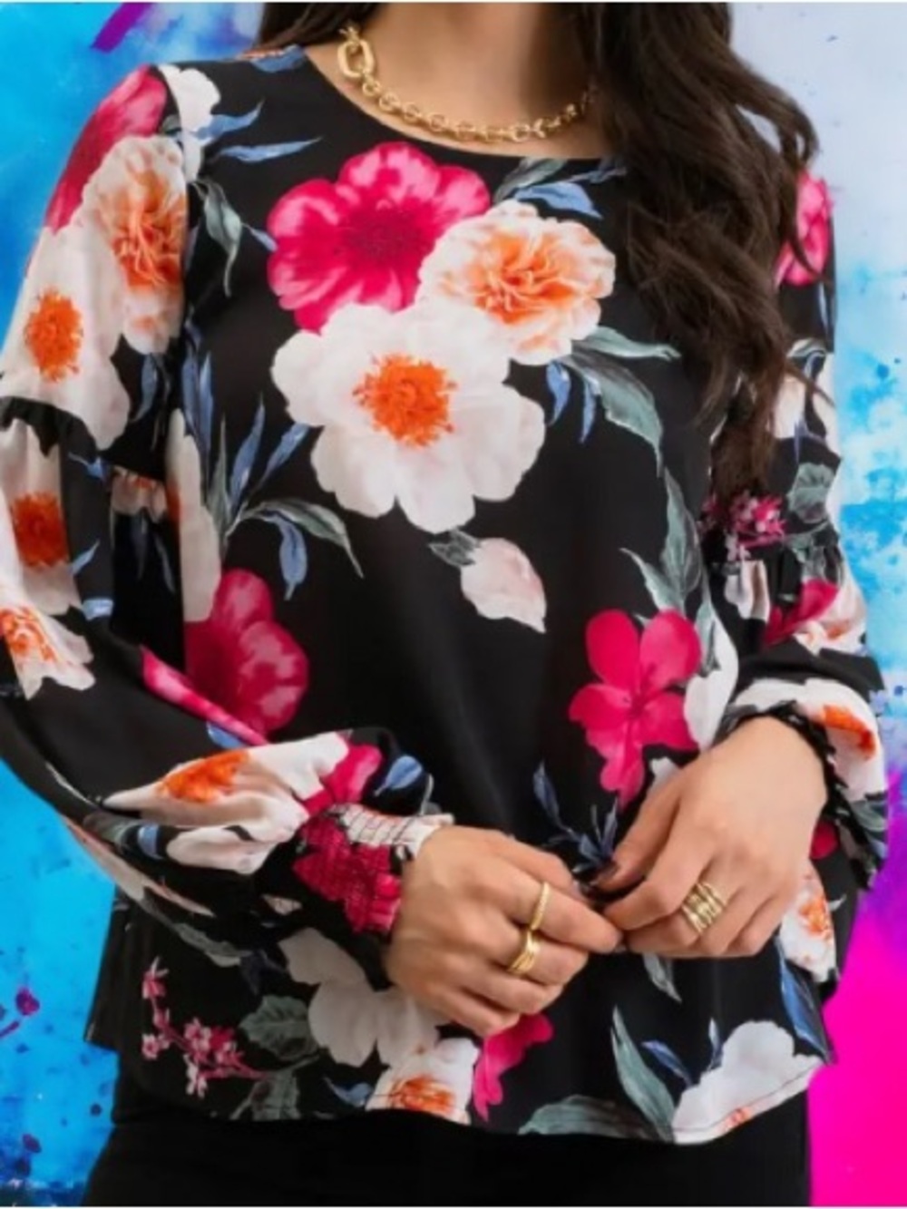 Blu Pepper Black Floral Long-Sleeve Blouse with Pink & White Flowers NWT M